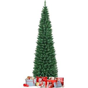COSTWAY Albero di Natale Slim 150/180/210/240/270 cm, Albero di Natale Artificiale con 220/400/700/1000/1500 Rami e Base in Metallo, Decorazioni Natalizie per Casa e Negozio (210 CM)