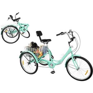 WOLEGM triciclo da 24 pollici, per adulti, a 7 marce, triciclo pieghevole, con schienale e cestino, 3 ruote, per sport all'aria aperta, shopping, verde