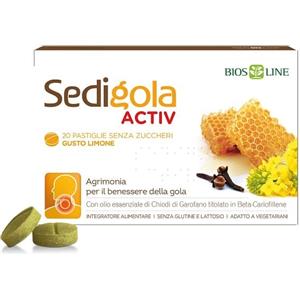 BIOS LINE Sedigola Activ - Integratore Alimentare con Olio Essenziale di Chiodi di Garofano e Propolisi, 20 Pastiglie al Limone da 1,5 g
