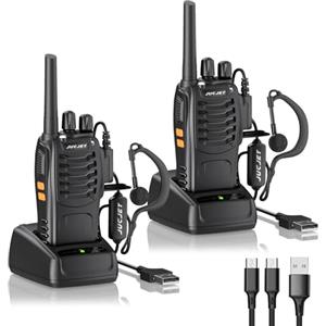 JUCJET Walkie Talkie, Ricaricabile Lunga Distanza VOX Radio PMR 446MHz Frequenza Civile Ricetrasmittente 16 canali, Portatile Walkie-Talkie Professionali con Auricolare (2pz)