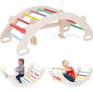 RELAX4LIFE 4 in 1 Arco da Arrampicata per Bambini, Cavallo a Dondolo in Legno, Triangolo Arcobaleno Transformabile in Tavolo, Giocattoli da Palestra Montessori per Bambini 1+ Anni (Colorato)