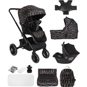 BabyVoyage Passeggino 3 in 1, passeggino con due modalità di scorrimento reversibili, passeggino con telaio in lega di alluminio, passeggino 3 in 1, con Ovetto I-SIZE 40-85 cm, nero/oro