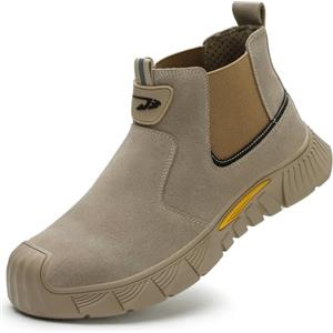 Dajingkj Scarpe antinfortunistiche da uomo per saldatore, leggere, con doppia custodia, anti-scottatura, resistenti agli urti e ai punti, antiscivolo, con punta in acciaio, Stivali Chelsea cachi, 43.5