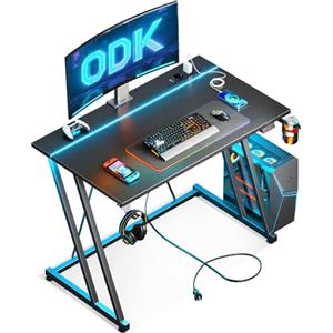 ODK Scrivania Gaming con LED e Presa di Corrente, 80 × 50 cm Tavolo Gaming con Portabicchieri e Gancio per Cuffie, Scrivania Computer con Design a Doppia Z Fibra di Carbonio Nera