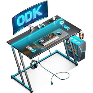 ODK Scrivania Gaming con LED e Presa di Corrente, 100 × 50 cm Tavolo Gaming con Portabicchieri e Gancio per Cuffie, Scrivania Computer con Design a Doppia Z Fibra di Carbonio Nera