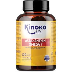 Kinoko life Astaxantina e Omega 7 dall'olio di olivello spinoso - 120 capsule con Omega 3, 6, 7, 9, luteina, betacarotene, vitamine E e A. Senza glutine. Senza OGM