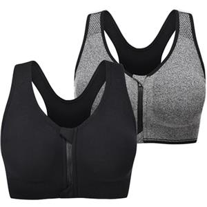 Graviar - Reggiseno sportivo con zip frontale, post-chirurgia, con imbottiture rimovibili, da donna, per running, yoga, allenamento, canotta, nero/grigio, XL