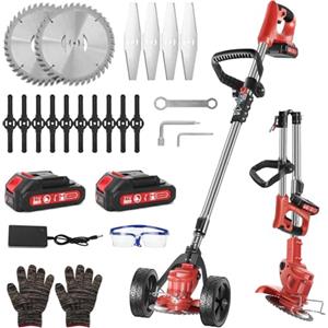 Ykall Decespugliatore Elettrico a Batteria 21V, con 2 Batterie, 3 Tipi di Lame, Ruote Rimovibili, Altezza e Angolazione Regolabili, Ideale per Falciare Prati e Arbusti Tagliaerba