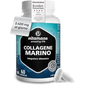 Vitamaze - amazing life Collagene Marino con Acido Ialuronico, 2400 mg tipo I V e X (60 compresse) con Ovoderm e Silicio, Peptidi di Collagene Marino Idrolizzato, per Articolazioni, Ossa, Pelle, Capelli e Unghie