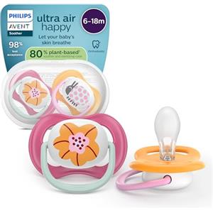 Philips Avent Ultra Start Pacifiers - Design ortodontico, per neonati 6-18 mesi, tettarella simmetrica in morbido silicone, senza BPA, con custodia per la sterilizzazione, confezione da 2, SCF080/27