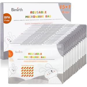 Bimirth Sacchetti per sterilizzatore per microonde, confezione da 16 riutilizzabili, biberon, Ciuccio, Coppe da allenamento, 20 usi per sacchetto, sistema di marcatura, senza sostanze chimiche