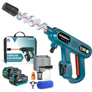 Yofidra Idropulitrice a Batteria, 200 bar, 5 in 1 con 2 Ugelli, Idropulitrice Portatile con 2 Batterie da 3,0 Ah e Caricabatterie - Ideale per Auto, Giardino, Facciate e Finestre