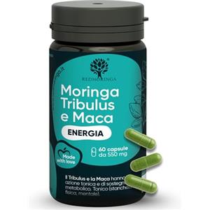 RedMoringa Tribulus Terrestris 90% Saponine Steroidee Maca Fieno Greco | Integratore Energia Booster Moringa BIO | Sostegno Massa Muscolare | Tribulus Alto Dosaggio | 100% Naturale | RedMoringa® (60 Capsule)