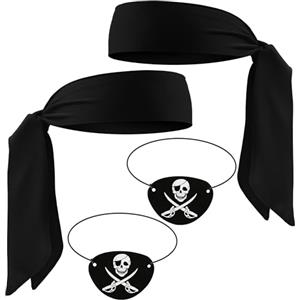YUYWWAN Set di Accessori Pirata Adulti Bambini, 2 Bandana da Pirata 2 Benda per Occhi Pirata, Accessori Costume Pirata Uomo Donna per Carnevale Halloween Capitano Pirata Cosplay Accessori (Nero)