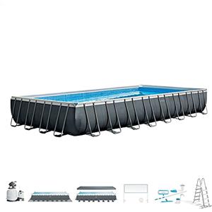 Intex 26378NP - Piscina Fuori Terra Ultra XTR Frame Rettangolare, Pompa Filtro 10000 L/h, Scaletta, Telo Base e Copertura, Kit Pulizia Deluxe e Set Volley, 54368L, Acciaio e PVC, Grigio, 975x488x132cm