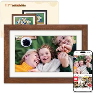 Eptusmey Frameo Cornice Digitale WiFi 10,1 Pollici 1280 x 800 HD IPS Touch Screen Memoria 32 GB Portafoto Digitale in Legno di Noce Rotazione Automatica Condividi Foto e Video con Frameo APP/USB/SD