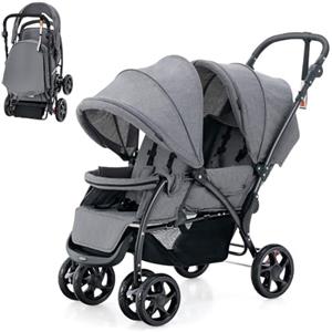 FANTASK Passeggino gemellare pieghevole con schienale regolabile e tettoia, per bambini dai 6 mesi, portata 30 kg (grigio)