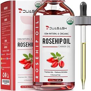 Duasash Olio di Rosa Mosqueta Puro 120ml, 100% Bio Olio di Rosa Canina Biologico, Spremuto a Freddo, Vegano e Non Raffinato Rosehip Oil per Viso, Corpo, Capelli, Pelle, e Mani