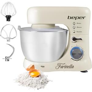 BEPER BP.200 Impastatrice Planetaria professionale 4,5L, Potenza 1000W, 8 Velocità e Funzione Pulse - Frusta, Paraschizzi e Gancio Inclusi, Bianco