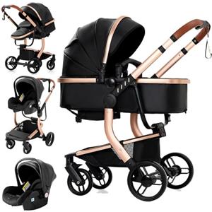 Reenborn Pelle PU Passeggino Trio, Passeggino 3 in 1 con Due Modi Reversibili Spingere, Trio Neonati con Design Pieghevole in Un Clic, Telaio Alluminio Paesaggistico Alto (518 Black)