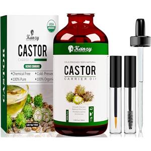 Kanzy Olio di Ricino per Ciglia e Sopracciglia 100ml Olio di Ricino per Capelli, Unghie, Pelle e Barba 100% Pura Biologico Castor Oil con Set di Pennelli