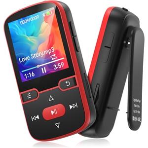 PINHUI 64 GB Lettore MP3 Bluetooth 5.3 con clip, lettore musicale sportivo HiFi, schermo da 1,5 pollici con pulsanti fisici, radio FM/contapassi/registratore vocale, pesa solo 28 g, scheda TF fino a 128 G