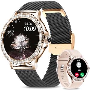 Fitoncloud Smartwatch Donna Chiamate BLE5.2, 1,3'' HD Schermo Orologio Smart Watch Rotondo con Notifiche Messaggi, 120+ Sportive, SpO2 Sonno Cardiofrequenzimetro, Orologio Smart IP68 per Android iOS, Oro Nero