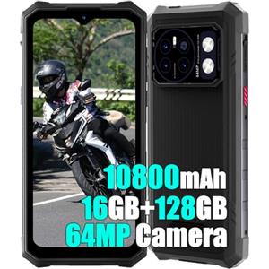 HOTWAV Cyber 13 Android 14 Rugged Smartphone 2025, 16GB+128GB+2TB, 6.6" HD+ 90Hz, 64MP AI Fotocamera, 10800mAh Batteria, 4G Cellulare Impermeabile, Torcia Elettrica da 150LM, IP68/NFC/GPS Nero
