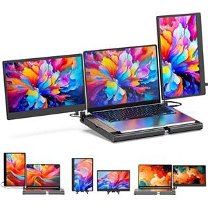 SMISEACOW Monitor portatile per laptop-Rotazione a 360° F3 Monitor portatile triplo, orizzontale e verticale, con supporto, 14 pollici IPS FHD 1080P, compatibile con PS5, Windows/Mac e laptop/Mini PC