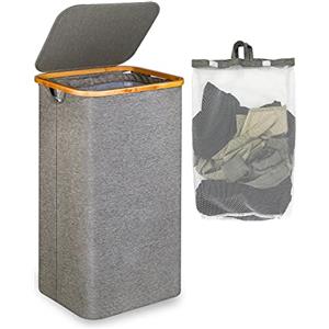efluky Cesto Portabiancheria Grande con Coperchio, cesta biancheria cesto panni sporchi Alto 120 Litri con Manici in bambù per Vestiti, Pieghevole XXL porta biancheria sporca Grigio