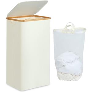 efluky Portabiancheria sporca Grande, Cesto Portabiancheria Grande con Coperchio, cesto per panni sporchi XXL 100 Litri con Manici in bambù per Vestiti, Pieghevole Cesta Panni Sporchi, Beige