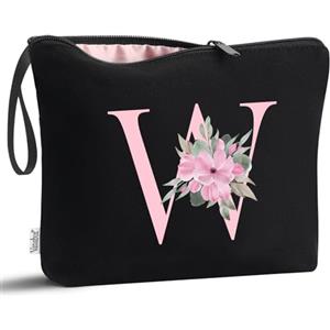 Vavabox Beauty case con iniziali personalizzate dalla A alla Z, regalo di compleanno per donne, regalo per sposa, damigella d'onore (W, 01-Nero)
