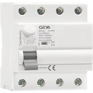 GEYA Interruttore Differenziale Elettromagnetico Tipo A ELCB RCD RCCB Rileva corrente residua pulsante (4P-40A-300mA)