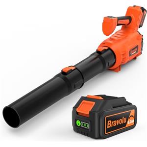 Bravolu Soffiatore a Batteria, Bravolu Soffiatore Foglie Elettrico, con Batteria da 5200 mAh e Caricabatteria, Velocità Aria Max 305 km/h, 5 Velocità Regolabili e Modalità Turbo