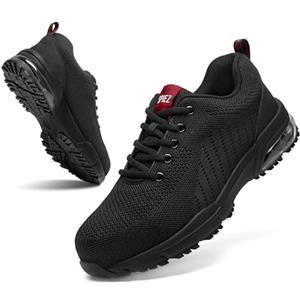 SPIEZ Scarpe Antinfortunistiche Uomo Donna Leggere Senza Metallo, Punta in Composito con Ammortizzazione ad Aria, Suola Antiscivolo, Nero/Rosso, Taglie EU 38