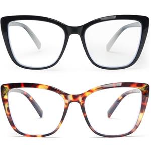 KoKoBin 2 Pack Oversize Occhiali da lettura da donna Moda Anti luce blu Occhiali per computer (2 Pack（Nero, leopardo marrone）, 1.5, Diottria)