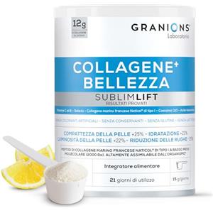 Granions Collagene Marino con Acido Ialuronico SUBLIMLIFT GRANIONS | 12g Collagene in Polvere e Acido Ialuronico | Vitamina C + Coenzima Q10 + Selenio - Integratore Polvere Capelli e Pelle - 315g Gusto Limone