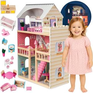 mamabrum Casa delle Bambole in Legno XXL - 3 Piani con LED e Mobili Inclusi - Casa Bambole 90x60x30 cm - Design Pastello Sicuro ed Educativo - Giocattolo per Bambine dai 3 Anni