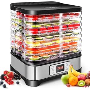 Nictemaw Essiccatore automatico da 400 W, Essiccatore per alimenti con 8 Pallet, Essiccatore per carne, frutta e verdura, temperatura regolabile 35-70 ℃, Argento Nero