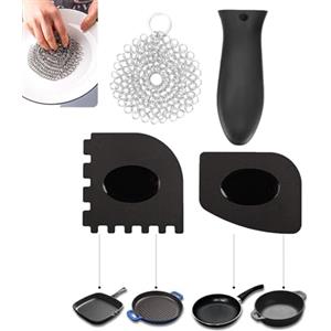 Topyond Pulitrice Per Ghisa, Kit di Pulizia Per Ghisa in Acciaio Inossidabile, Lavasciuga Per Posta a Catena Durevole, Raschietto Dentato, Copertura della Maniglia Per La Pulizia della Padella di Ferro della