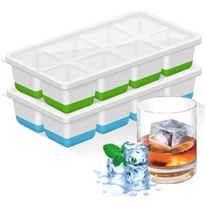 Woobroo Grande vassoio per cubetti di ghiaccio, 2 pezzi, stampo per cubetti di ghiaccio in silicone con coperchio per whisky, cocktail, birra, vino, senza BPA, impilabile e riutilizzabile (verde + blu)