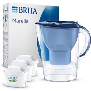 BRITA Caraffa filtrante acqua Marella Blu (2.4L) incl. 3 x BRITA filtri MAXTRA PRO All-in-1 che riduce cloro, calcare, PFAS e metalli - Eleganza e funzionalità