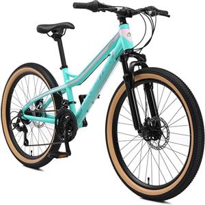 BIKESTAR MTB Mountain bike alluminio per bambini 10-13 anni | Bicicletta 24 pollici 21 velocità Shimano, hardtail, freni a disco, sospensioni | Turchese e Bianco