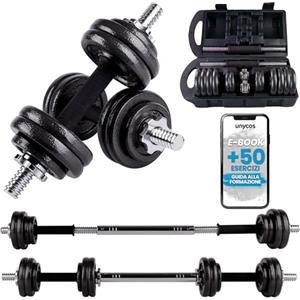 unycos - Manubri Regolabili con Dischi 15 kg【E-Book + Valigetta】Coppia di Pesi con Barra di Collegamento Antiscivolo per Uomini/Donne, Allenamento, Palestra in Casa, Fitness (Iron Transformer)