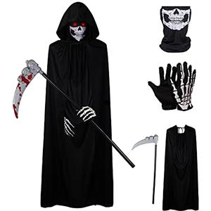 Herefun Costume da Grim Reaper, Costumi Falciatrice di Halloween per Adulti, Costume Scheletro con Falce Della Morte, Fantasma spaventoso Morte Costume di Halloween Feste Carnevale Decorazioni