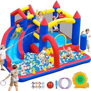 GYMMALL Castello Gonfiabile per Bambini con Scivolo, trampolino, parete da arrampicata, sacco da box, tiro a segno e vasca per palline per interno ed esterno, 366x310x210 CM