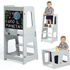 KYWAI® Torre Montessoriana Bambini Premium 3 en 1 Convertibile in Scrivania e Sgabello, con Lavagna - Torre Montessoriana Pieghevole - Azienda Sostenibile Impegnata nella Riforestazione (Grigio Perla)