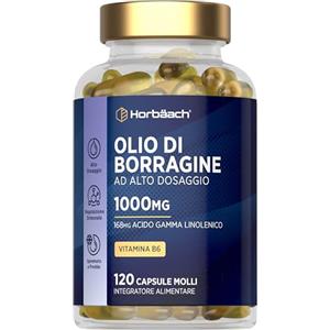 Horbäach Olio di Borragine 1000mg | 120 Perle per 4 Mesi | Olio di Semi di Borragine e Vitamina B6 | 168mg di Acido Gamma Linoleico GLA per Capsula | Integratore Alimentare Starflower Oil Vitamin B6 | Horbaach