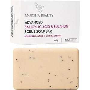 Moksha Beauty Sapone allo Zolfo con Acido Salicilico - [Prodotto nel Regno Unito] Saponetta Viso Zolfo più Acido Salicilico per Scrub Professionale | Non Testato su Animali e Senza Parabeni - 100g