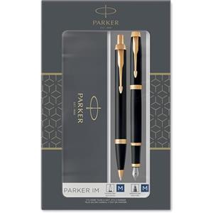 PARKER IM Duo set regalo con penna a sfera e penna stilografica, nero lucido con finiture in oro, cartuccia e ricarica di inchiostro blu, confezione regalo